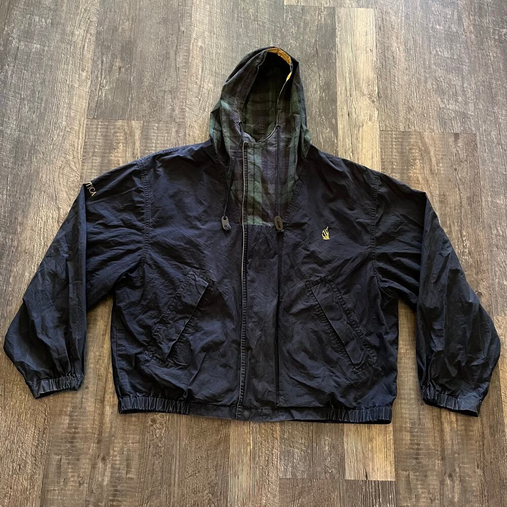 Vintage 1993 Nautica XL Yellow Navy Cotton Hooded Jacket 90s Y2K Sailing Logo